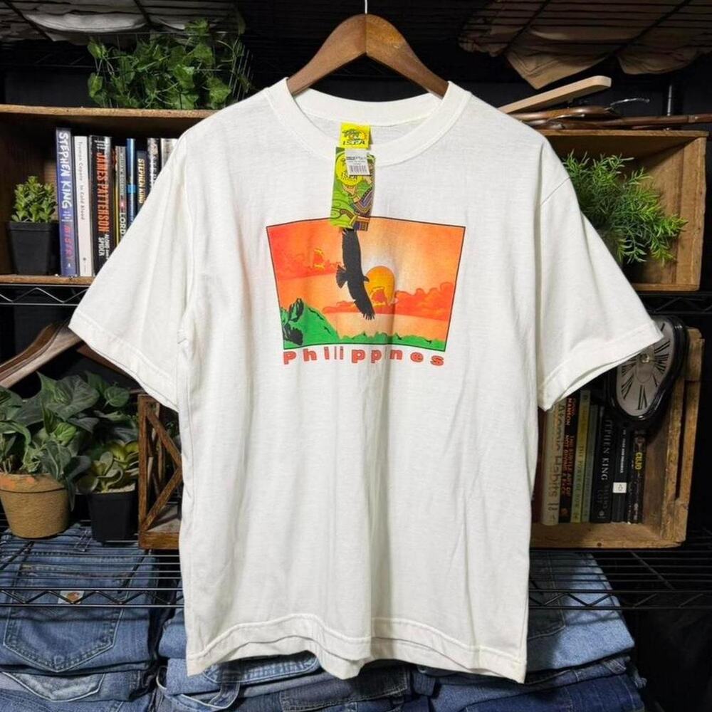 Vintage Philippines Eagle Nature Tee White Orange Sunset Shirt Mens Large